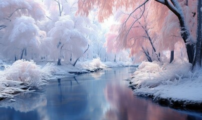 A river in the snow with pink trees. Generative AI.