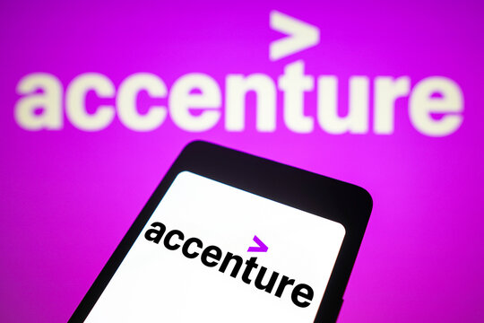 February 4, 2024, Brazil. In this photo illustration, the Accenture logo is displayed on a smartphone screen and in the background.