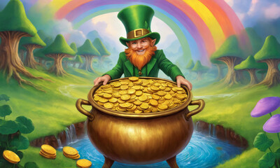 Leprechaun with a pot of gold under a rainbow. St.Patrick 's Day