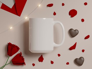 Flatlay View of a 15 oz White Ceramic Mug on a Plain White Background with Red Roses, Petals, Chocolates, Envelope and Lights as 3D Rendering