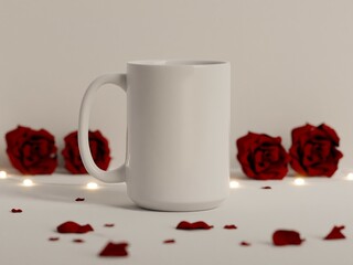 White 15 oz Ceramic Mug Valentine’s Day concept with Red Roses and Bright Background Lights Unfocused as 3D Rendering.