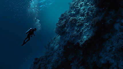 diver on the edge of a coral reef about to plunge into the deep ocean, realistic style, illustrating the transition from the known to the unknown, with attention to the intricate coral textures and th