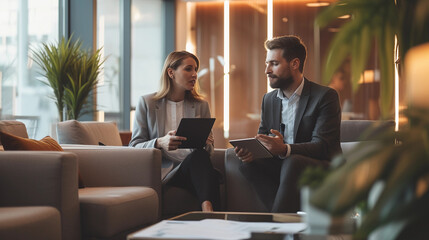 elegant office lounge, two executives in a deep feedback discussion, one holding a tablet with a feedback graph, the other taking notes, soft-focus background with plush seating and tasteful décor, se
