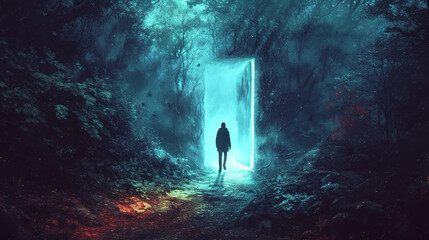person stepping out of a brightly lit doorway into a dark, mysterious forest, symbolizing leaving the comfort zone, hyper-realistic style, with a focus on contrasting lighting and intricate details of - obrazy, fototapety, plakaty