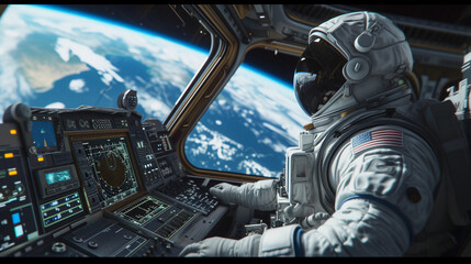 astronaut in a spacecraft, overlooking Earth from space, detailed space suit and spacecraft interior, Earth's curvature visible through the window, focus on the astronaut's awe and expertise, ambient