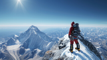 Naklejka na ściany i meble expert mountaineer at the summit of a snow-capped mountain, panoramic view of the surrounding peaks, detailed textures of snow and rock, clear blue sky, focus on the mountaineer's triumphant pose with