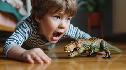 Adventurous young boy imitating a T-rex dinosaur.