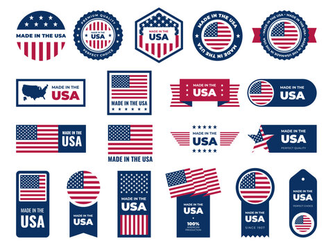 Made in usa labels. American guarantee emblems, patriotic signs, tags with national flag colors and symbols, quality certificates stickers, patriotic signs. Banners templates. Vector set