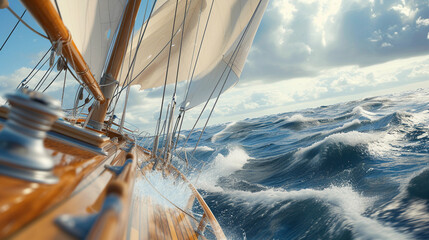 sailor navigating a yacht at sea, detailed rigging and sails, ocean spray and waves, focus on the sailor's skilled hands on the wheel and determined look, vast ocean and sky in the background, sense o