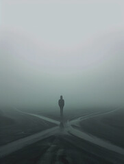 person standing at a crossroads in a dense fog, signifying leaving the comfort zone, focus on the mood of uncertainty and detailed fog texture enveloping the paths