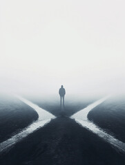 person standing at a crossroads in a dense fog, signifying leaving the comfort zone, focus on the mood of uncertainty and detailed fog texture enveloping the paths