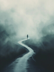 person standing at a crossroads in a dense fog, signifying leaving the comfort zone, focus on the mood of uncertainty and detailed fog texture enveloping the paths