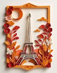 paper art of Paris France Eiffel Tower illustration, kirigami, paper architecture, quilling, paper pop, postcards, poster, about travel, sun set, peach color, Generative AI