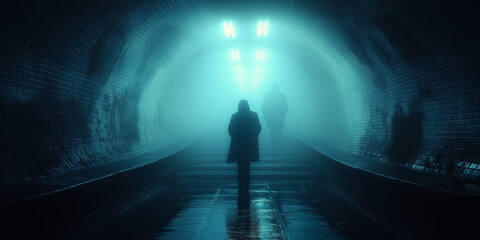 Menschen im Tunnel mit blauen Licht düster und mit Nebel, ai generativ - obrazy, fototapety, plakaty