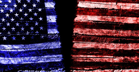 Distressed American flag torn in two representing division in US politics between blue and red, Democrat and Republican