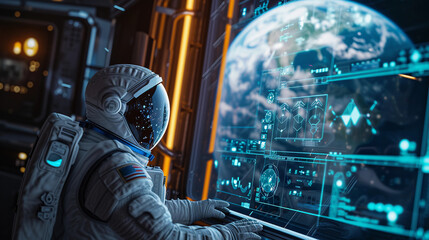 astronaut in a space station observing Earth, analyzing a floating holographic display showing predictive models of planetary changes, the Earth visible through a large window in the background - obrazy, fototapety, plakaty