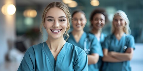 Confident Female Nurse Wearing Blue Scrubs Smiling at Camera with Colleagues in Hospital Background