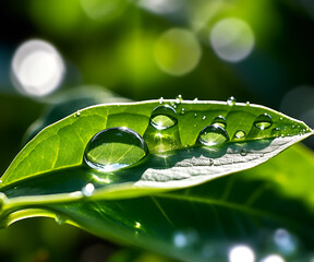 water drops on a green leaf reflecting in the sunlight
