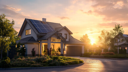 Generate a detailed and realistic image of a modern suburban house, highlighting its eco-friendly features with a state-of-the-art photovoltaic system on the gable roof, a well-maintained landscaped y - obrazy, fototapety, plakaty