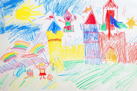 Brave knight rescuing a princess from a tower 4 year old's simple scribble colorful juvenile crayon outline drawing