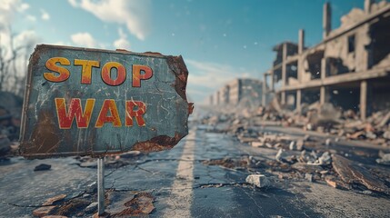 Devastation and Ruins sign stop war in Urban Area After Conflict or Natural Disaster
