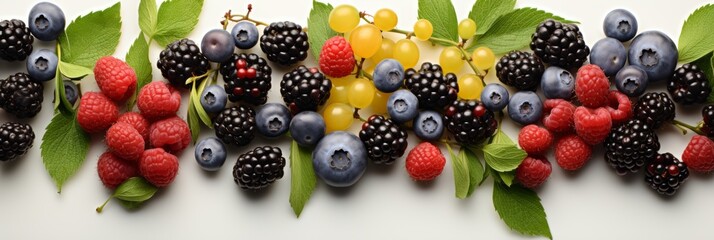 Summer berries on a white background top view. Raspberries blueberries blackberries and grapes