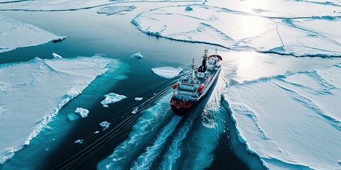 Icebreaker ship cruising through the Arctic Ocean, surrounded by ice floes.