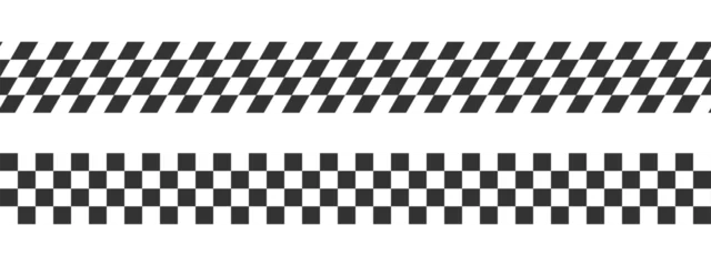 Fotobehang F1 Race flags or checkerboard backgrounds. Chess game or rally sport car competition wallpaper. Slanted black and white squares pattern. Banners with checkered texture  © Andrii