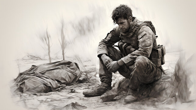 In poignant pencil strokes, a young female soldier confronts war's aftermath and PTSD—a heartfelt portrayal capturing the emotional toll of military service.