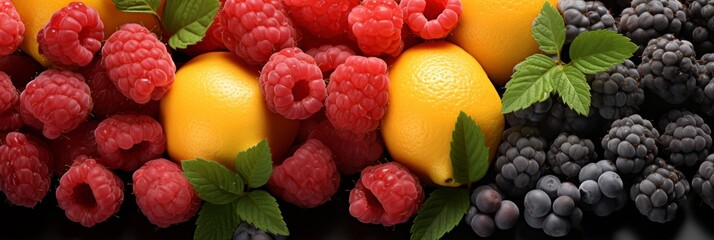 Berrylicious raspberry lemon mint blackberry - top view fruity delight on dark background