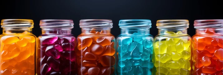 Tuinposter Colorful jelly candies in glass jars on black background, side view, horizontal banner © Nikolai