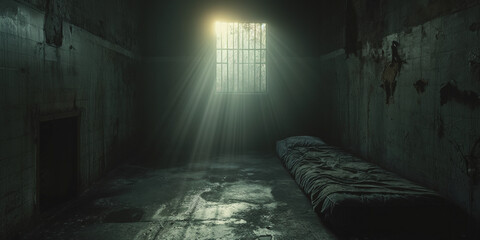 Gefängnis Zelle mit Matraze auf dem dreckigen Boden und Gitterfenster, ai generativ - obrazy, fototapety, plakaty
