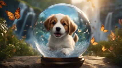 golden retriever puppy highly intricately detailed photograph of  running with happy puppy  inside a crystal ball  