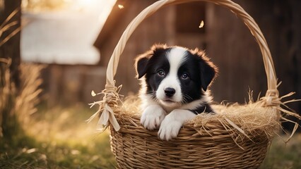 Naklejka na ściany i meble puppy in a basket An adorable Border Collie puppy sitting in a basket adorned with ribbons, with a backdrop 