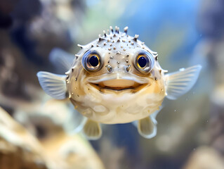 Obraz premium Funny-looking pufferfish with a surprised expression underwater.