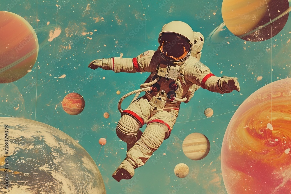 Wall mural astronaut floating on background of galaxy planets. contemporary art collage. generative ai