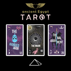 Tarot of ancient Egypt. T-shirt design with three Egyptian tarot cards on a black background. Winged heart