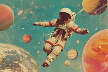 Astronaut floating on background of galaxy planets. Contemporary art collage. Generative AI