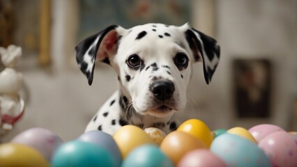 portrait of a puppy A humorous Dalmatian puppy with a paintbrush in its mouth, looking proudly at a series of Easter egg   - obrazy, fototapety, plakaty