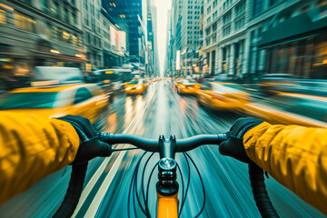 Long Exposure Image of Point of View of a Person Riding a Bike in New York City. Exploring New York Cycling. Lifestyle Concept. - obrazy, fototapety, plakaty