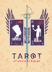 Tarot of ancient Egypt. T-shirt design of a winged sword and two cards called The Empress and The Magician on a sandy background.