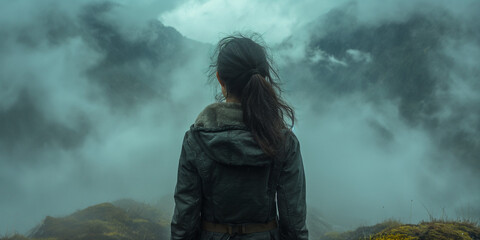 Mädchen Rückenansicht mit blauen Licht düster und mit Nebel in den Bergen, ai generativ - obrazy, fototapety, plakaty