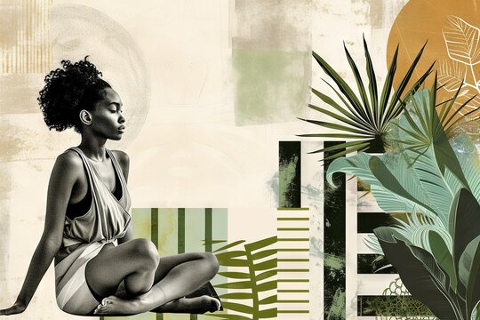 Afro American woman sitting in lotus pose, practicing yoga exercise. Contemporary art collage. Generative AI
