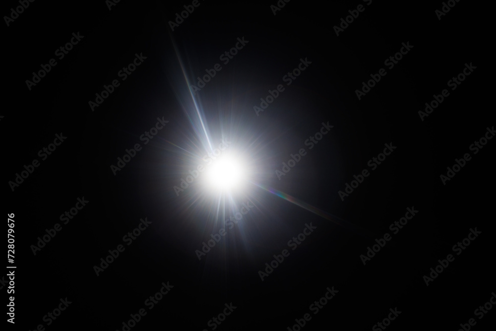 Poster Easy to add lens flare effects for overlay designs or screen blending mode to make high-quality images. Abstract sun burst, digital flare, iridescent glare over black background.