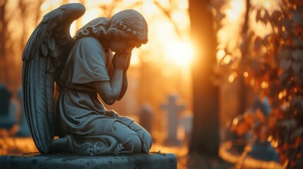 Angel statue grieving and praying on graveyard at golden hour in autumn cemetery with fallen orange leaves and foliage for burial funeral services background with copyspace - obrazy, fototapety, plakaty