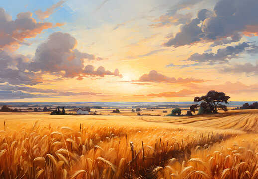 Oil art painting of country field in vintage