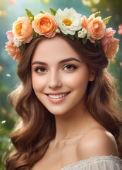 Naklejka premium Portrait of a smiling beautiful young woman with a wreath of flowers on her head