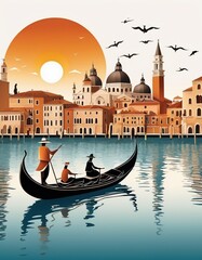 Venice city colorful 3d graphic style, Great canal sun set, vector illustration, gandola. Good for postcards, poster and canvas. Generative AI - obrazy, fototapety, plakaty
