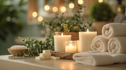 Atmosphere of relaxation and tranquility that embodies the essence of a spa retreat, beauty treatment items for spa procedures.