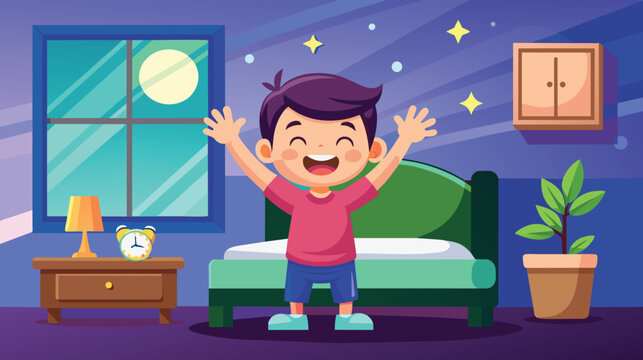 Cheerful Child Celebrating Bedtime in a Cozy Bedroom at Night